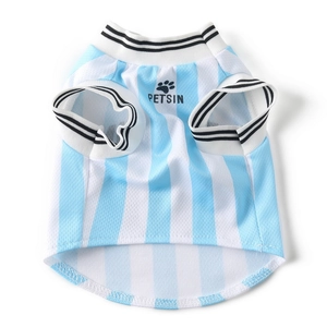 Blue and white striped breathable mesh dog soccer jersey with sporty PETSIN logo