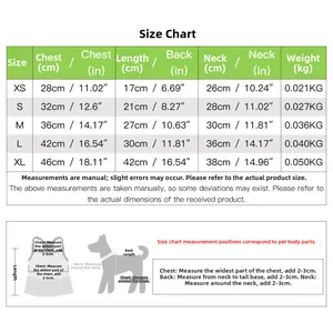 Size chart for floral dog dress with detailed measurements for XS to XL in CM and inches