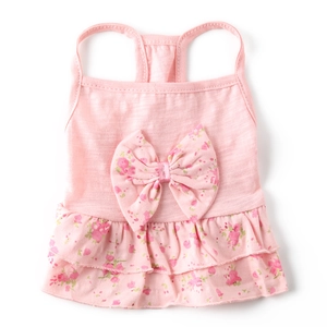 Sweet Floral Pet Dress With Large Bow Ruffle Hem Cotton Blend Breathable Summer Puppy Dog Cat Princess Sleeveless Sling Dress