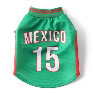 Green breathable mesh Mexico dog soccer jersey with white number 15 print and red stripes