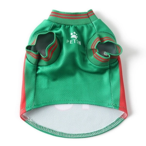 Close-up of green pet sports T-shirt featuring breathable mesh and striped ribbing detail