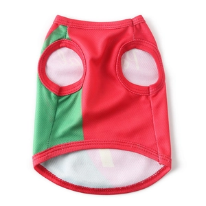 Detail view of the breathable red and green mesh soccer style vest for pet dogs