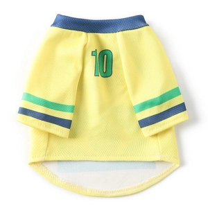 Breathable yellow mesh dog soccer jersey with green number 10 for small to large pets