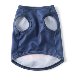 Detail of breathable navy mesh fabric and ribbed armholes on the sport pet vest