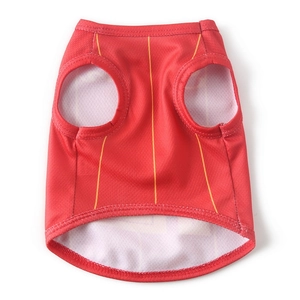 Breathable red mesh pet vest with yellow stripes for dogs and cats in high detail
