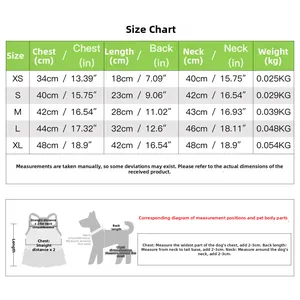 Detailed size chart for floral pet dress showing chest, back, and neck measurements