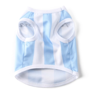 Macro detail of breathable blue and white striped mesh fabric on this pet summer vest