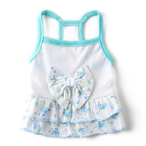Floral pet sundress with blue bow and ruffled hem for small dogs and cats in summer