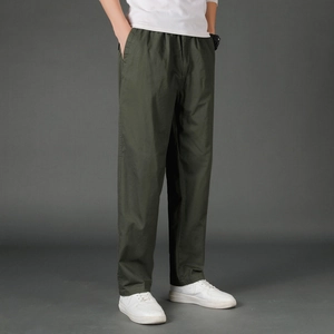 Men's Casual Cotton Straight Leg Pants Elastic Waist Drawstring Solid Color Loose Plus Size Cargo Workwear Long Trousers