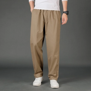 Men's khaki casual cargo pants with elastic waist and loose straight fit for spring