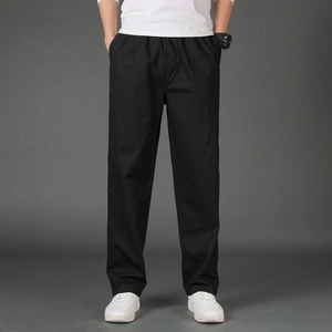 Men's straight-leg black casual pants with elastic waist and cotton-blend fabric