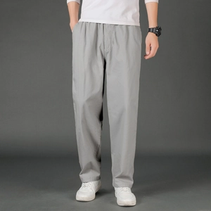 Men's light grey casual straight-leg cargo pants with elastic waist and side pockets