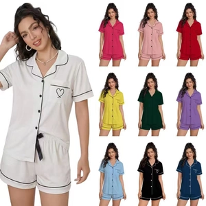 Women Loungewear Contrast Piping Heart Embroidery Button Down Shirt And Shorts Casual Satin Finish Pajamas Sleepwear For Women