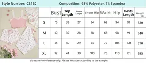 Size chart table for floral 3-piece pajama set including top, shorts, and long pants