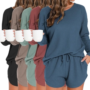 Abbigliamento Casa Donna Maglia Nido Ape Top Manica Lunga Girocollo E Pantaloncini Coulisse Pigiama Casual Home Wear