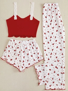 Three-piece floral pajama set with red lace camisole, printed shorts and trousers