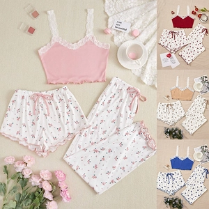 Women's Floral 3-Piece Pajama Set Ribbed Lace Trim Cami Top Shorts and Long Pants Comfortable Sweet Lounge Sleepwear