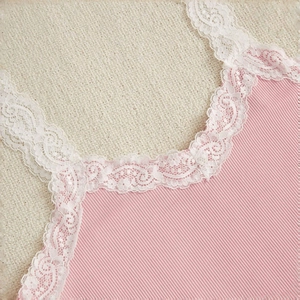 Pink ribbed cotton camisole with white lace trim for women cozy sweet loungewear set