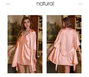Front and back view of peach pink satin two-piece sleepwear set with silk texture
