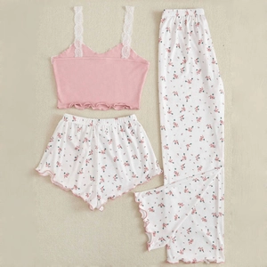 Floral three-piece pajama set featuring lace tank top with printed shorts and pants