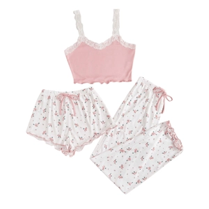 Women's 3-piece floral pajama set with lace camisole, shorts and matching trousers