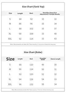 Size chart for ice silk nightgown set including strap top and robe measurements