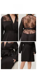 Detailed views of black satin robe featuring intricate lace patchwork on shoulders and back