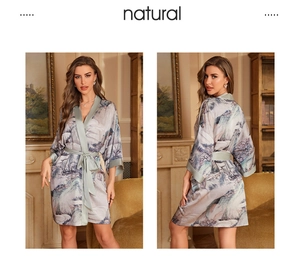 Detailed view of women's satin robe with oriental landscape ink print and kimono collar