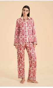 Detailed pattern on long-sleeved satin pajama set with ethnic ikat design for women
