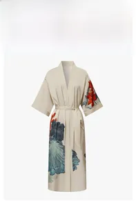 Detailed view of the luxurious floral satin robe with classical lotus print and silky texture