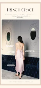 Detail of cross back straps and elastic gathering on pink satin long nightgown