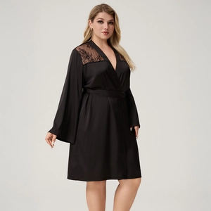 Plus Size Sexy Black Satin Robe For Women Long Sleeve Lace Splicing V-Neck Sleepwear Bathrobe Nightgown With Belt Loungewear