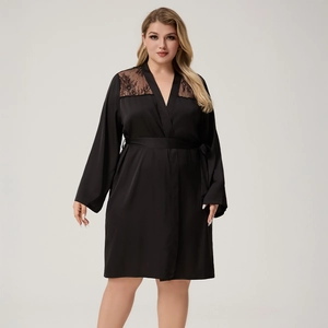 Elegant plus size black satin robe with lace detailing and silk-like finish for women