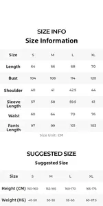 Size chart showing S to XL dimensions for women's satin printed pajama sets