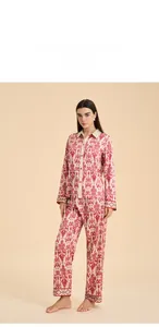 Ethnic Ikat print satin pajama set with long sleeves and button-down collar