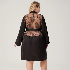 Black plus size satin robe with exquisite floral lace back panel and waist tie design