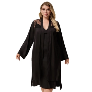 Women's plus size black satin robe set with elegant lace patchwork and slip dress