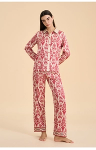 Ethnic ikat pattern women's long sleeve satin pajama set with button shirt and trousers