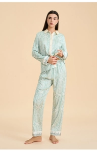 Chic light green satin pajamas with white ikat pattern and contrast trim details