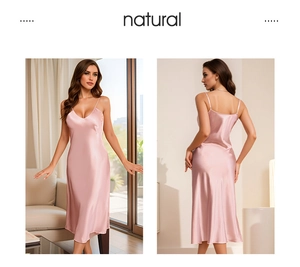 Detail of light pink satin nightgown featuring thin straps and smooth silk-like fabric