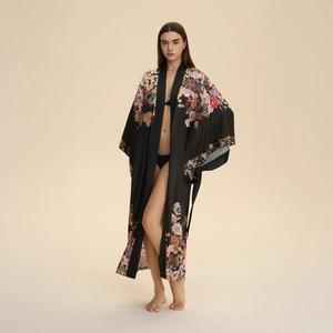 Women Luxurious Satin Floral Print Long Robe Kimono Style V-Neck Long Sleeve Nightgown With Waist Tie Sleepwear For Home