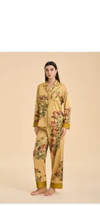 Floral satin pajama set for women featuring long sleeves and vintage peony print