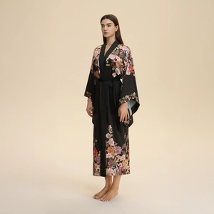 Long floral satin kimono robe for women with elegant vintage prints and matching belt