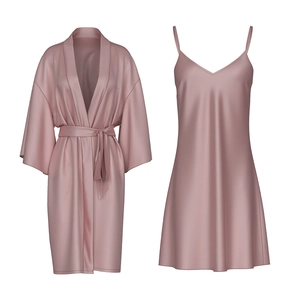 Women's 2-piece ice silk pajama set with lace-up robe and V-neck slip dress in pink