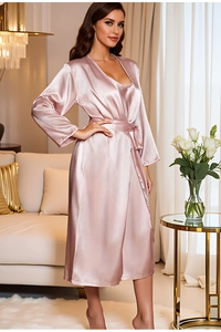 Detail view of the elegant pink satin nightgown set with robe and floral background