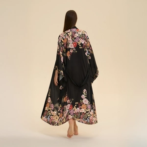 Long satin floral print robe for women with elegant tie waist and long sleeves in black