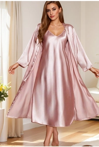 Pink satin lounge set featuring a V-neck slip nightgown and a matching long robe