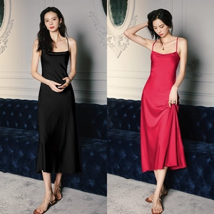 Women's satin silk slip dress in red and black colors with elegant thin straps