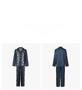 Detailed front and back views of navy blue floral satin pajama set with V-neck button top