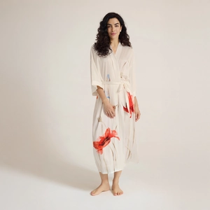 Women Satin Floral Print Kimono Robe Luxurious Long Nightgown V Neck 3/4 Sleeve Loungewear Bathrobe With Tie Belt